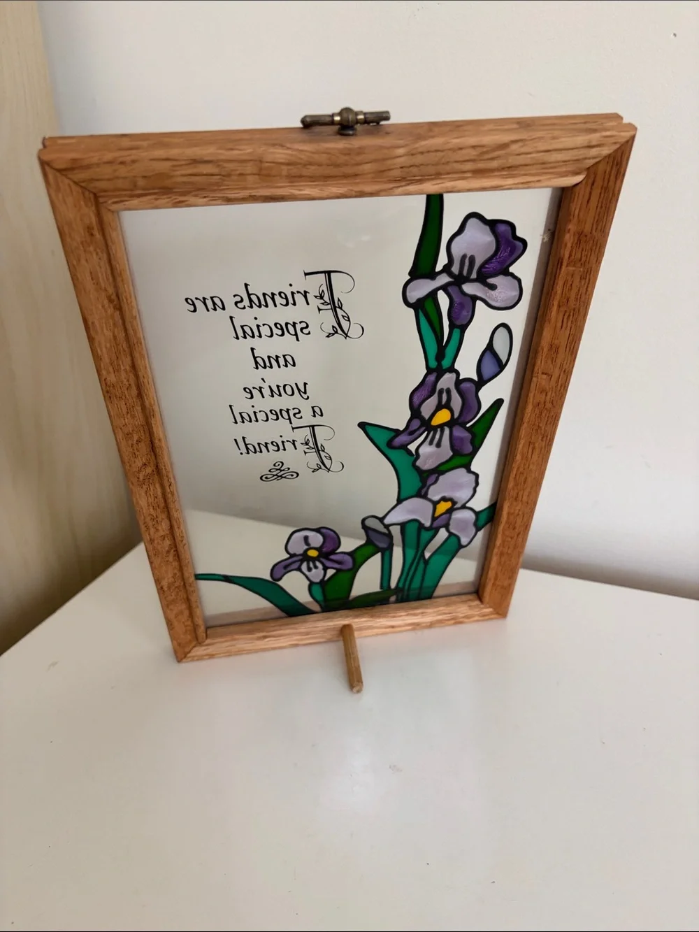 Friendship Floral Stained Glass Panel in Purple and Green - Oak Frame